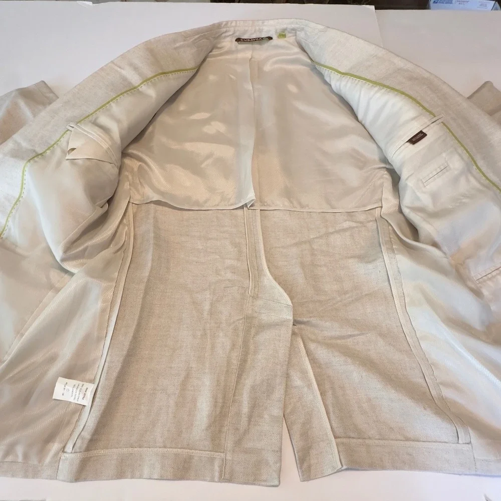 Cubavera Men Beige Herringbone Linen Blend Two Button Blazer Jacket Sport Coat L